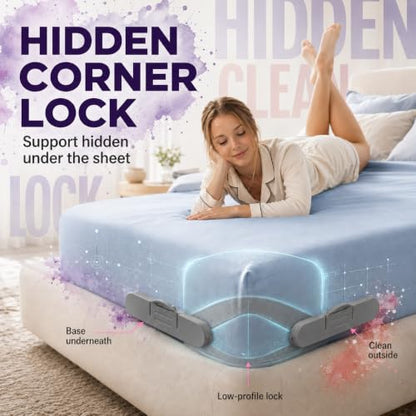 Bed Sheet Holders for Corners - Secure Fitted Sheet Holder with Lock Strips for Queen and King Size Bedsheets, Ideal for Dorms, No Metal Clips, Includes Corner