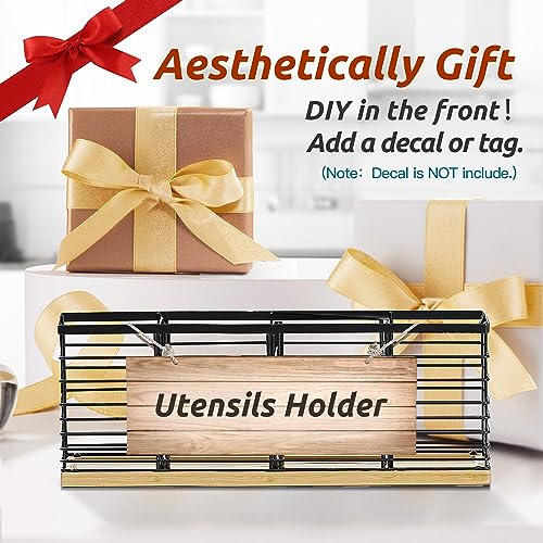 Extra Large Kitchen Utensil Holder Countertop with Removable Divider | Counter&Wall Mounted,Hold 40 Utensils,Cooking Counter Organizer Caddy for Spatula,Spoon,Wooden Base,Farmhouse,Metal,Black