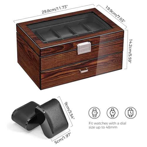 BEWISHOME High-End Watch Box 20-Slot Wooden Watch Case with Large Glass Lid | 2-Layer Watch Cases for Men, Watch Storage, Watch Organizer, Synthetic Leather Interior, Brown