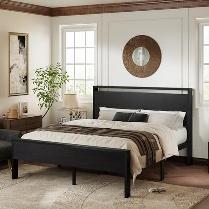 Allewie Queen Size Bed Frame, Heavy Duty 12 Metal Slats Support, Black Oak