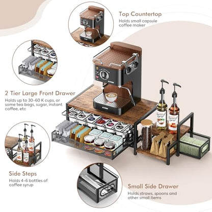 Coffee Bar Organizer for Countertop, Hold up 48 Pods, Black | 2-Tier K Cup Organizer for Countertop, K Cup Holder with Sliding Storage Drawer, Coffee Bar Station for Home & Office