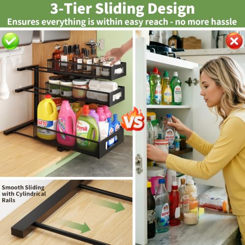 Under Sink Organizer,3-Tier Heavy Duty Pull out Cabinet Organizer Shelf | Height Adjustable,Thickened Metal,Slide out Storage Drawer Rack for Kitchen Bathroom Pantry Laundry Home Organization