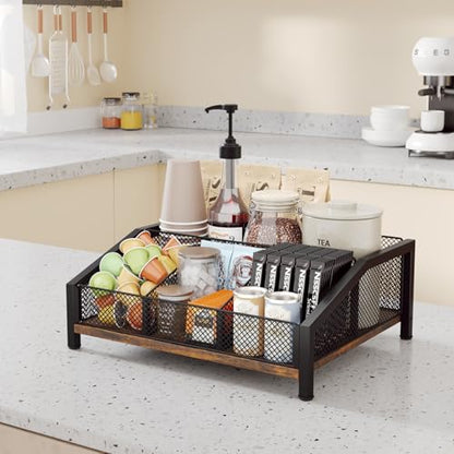 Coffee Station Organizer - Coffee Bar Organizer with Removable Dividers for Pods Condiment Syrup Tea Stirrers, K Cup Holder for Kitchen, Office, Home, Countertop, Brown