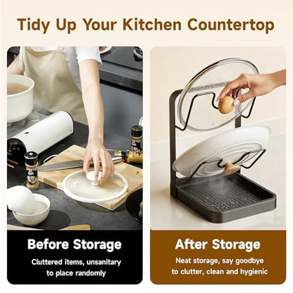 2-Tier Pot Lid Holder with Detachable Drip Tray, Kitchen Organizer | Two-tier countertop rack stores pot lids, pan covers, cutting boards, and ladles; detachable tray helps collect drips.