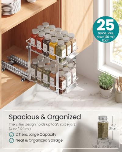 SONGMICS 2 Tier Pull Out Spice Rack for inside Cabinets, Steel | Spice Organizer, Slide Out Cabinet Organizer, for Kitchen Cabinet Storage, Silver UKCS117E101