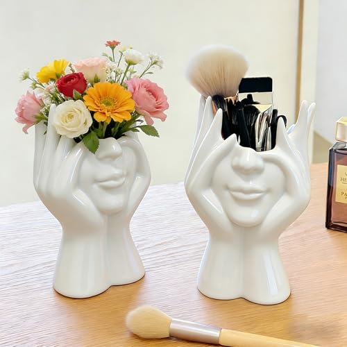 Decorative Face Makeup Brush Holder, White Ceramic Sculpture Design, 7x4.7 Inch, Cosmetic Organizer for Vanity