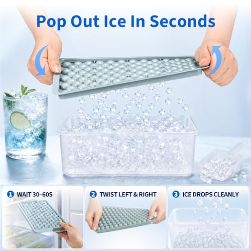 Mini Ice Cube Trays with Lid & Bin, Tiny Pebble Ice Balls for Coffee | Make 416 Mini Ice Balls with 4 Trays, Easy Release, Stackable, Scoop Included, for Iced Coffee, Drinks and Daily Use