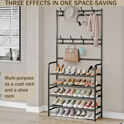 Coat Rack Shoe Rack With Storage Hooks Standing Organizer 4 Tier | Metal Freestanding Hall Tree for Clothes Hats bag Scarves Space Saving Design for Entryway Bedroom living Closet Office,Black