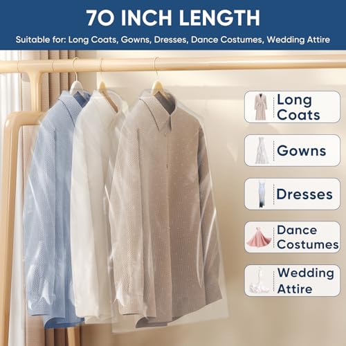 100 Pack 23.6"x70" Garment Bags for Hanging Clothes, Thick Clear Plastic Dry Cleaning Covers for Closet Storage & Travel