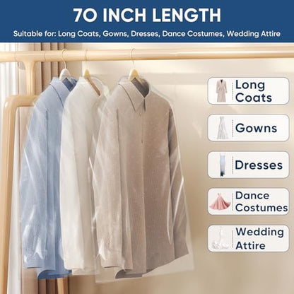 100 Pack 23.6"x70" Garment Bags for Hanging Clothes, Thick Clear Plastic Dry Cleaning Covers for Closet Storage & Travel