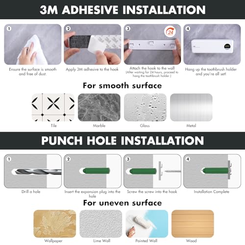Auntyfey Sanitizeri Toothbrush Holder, Sanitizeri Toothbrush Cleaner, 2000mAh Rechargeable Cordless Wall Mounted Holders for Bathroom, 4 Slots & Timer Function, White