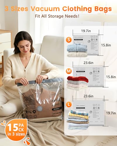 15 Pack Vacuum Seal Bags for Clothing Travel with -60KPa Rechargeable Wireless Pump, Space Saver Compression Vacuum Storage Bags in Multiple Carry-On Sizes for Luggage, Suitcase and Seasonal Storage