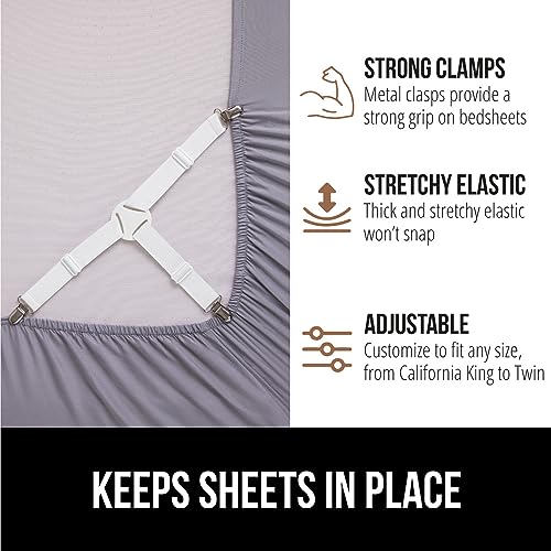 GORILLA GRIP Patented Bed Sheet Holders, Adjustable Elastic Fasteners with Metal Clips, Keep in Place Fitted Bedding Straps, Firm Tight Suspenders for Mattress, US Designed, 4 Pack White