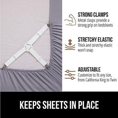 GORILLA GRIP Patented Bed Sheet Holders, Adjustable Elastic Fasteners with Metal Clips, Keep in Place Fitted Bedding Straps, Firm Tight Suspenders for Mattress, US Designed, 4 Pack White