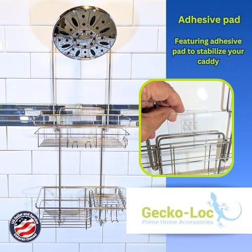 Extra-Long Adjustable Over-the-Showerhead Shower Caddy – Rustproof Stainless Steel Organizer with Suction Stabilizer, Deep Basket & Hooks – No-Drill, Tool-Free Installation (Silver)