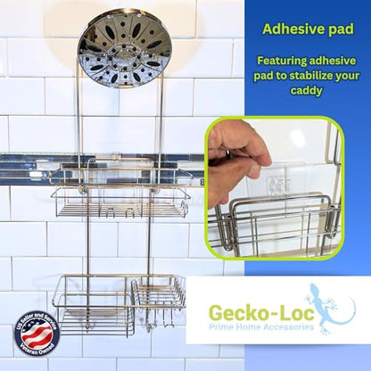 Extra-Long Adjustable Over-the-Showerhead Shower Caddy – Rustproof Stainless Steel Organizer with Suction Stabilizer, Deep Basket & Hooks – No-Drill, Tool-Free Installation (Silver)