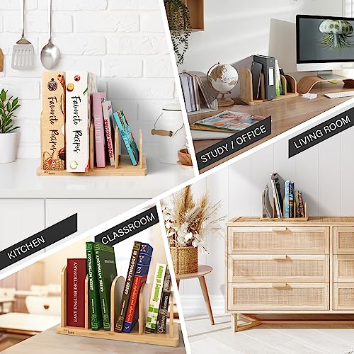 Cook Book Organizer, 4 Sections, Recipe Book Holder Rack, Tabletop Stand for Convenient Cookbook Storage, Vertical Cook Book Stand Kitchen, Binder Holder for Desk & Countertop (Bamboo)
