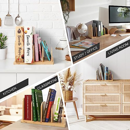 Cook Book Organizer, 4 Sections, Recipe Book Holder Rack, Tabletop Stand for Convenient Cookbook Storage, Vertical Cook Book Stand Kitchen, Binder Holder for Desk & Countertop (Bamboo)
