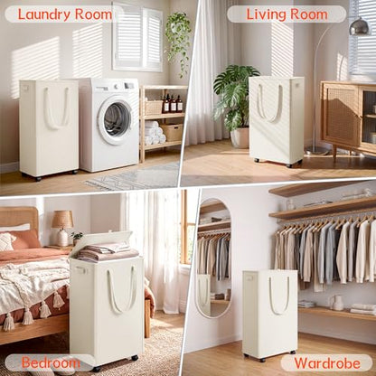 Slim Laundry Hamper with Wheels,20 Gal (75L) Rolling Laundry Basket with lid and wheels Clothes Hamper Foldable Tall Dirty Clothes Basket Sturdy Collapsible Clothes Hamper for Dorm,Laundry Room