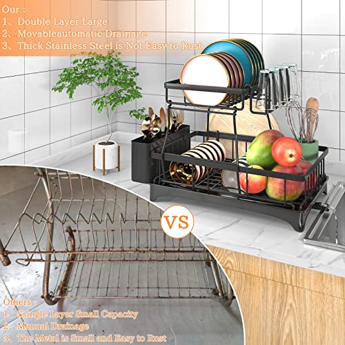 2-Tier Dish Drying Rack - Dish Rack with Auto Drain-to-Sink & Mat | Dish Racks for Kitchen Counter, Dish Drainer with Knife Fork & Cup Rack, Gifts for Women, Mothers Day, Kitchen Gadgets, Black