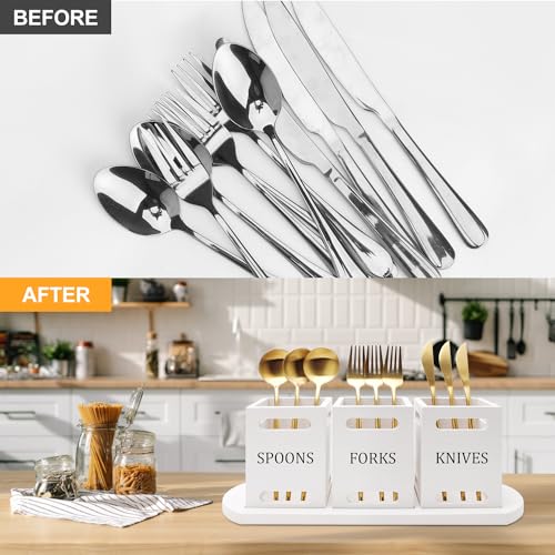 Wooden Flatware Silverware Caddy for Party Cutlery Utensil Holder Counter | Wood Silverware Organizer Countertop Knife Fork and Spoon Holder Table Utensil Caddy Basket White Kitchen Decor Accessories