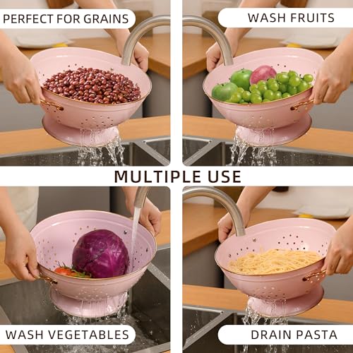 Metal Colander Set of 2, Strainer Basket with Handles 3.5 & 5 Qt Powder Coated Self-draining Solid Ring Base Metal Large Kitchen Colander Bowel for Pasta Vegetable Fruit (PINK)