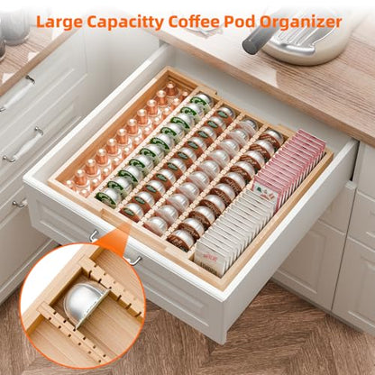 Simple Trending Bamboo Coffee Pod Holder Drawer, Expandable K Cup Pod Storage Compatible with Nespresso Vertuo Capsules, K Cup Drawer Organizer for Coffee Station, Home Office, Kitchen, Natural