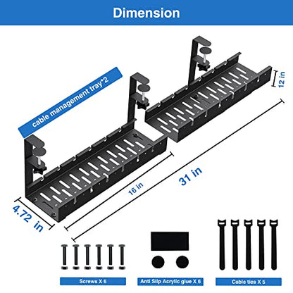 No Drilling Extendable Under Desk Cable Management, Metal Cable Management Tray Under Desk with Clamp, Retractable Power Strip Cord Holder for Wire Management 31Inch(1 Pack Black Extendable 31')