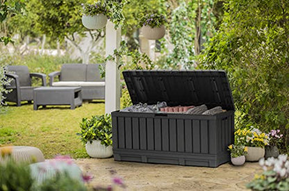Keter Kentwood 92 Gal Outdoor Storage Box for Patio and Pool Accessories | Grey, Resin, Large, Weatherproof, Lockable, Durable, Easy Assembly, Organization, Patio Cushions Storage