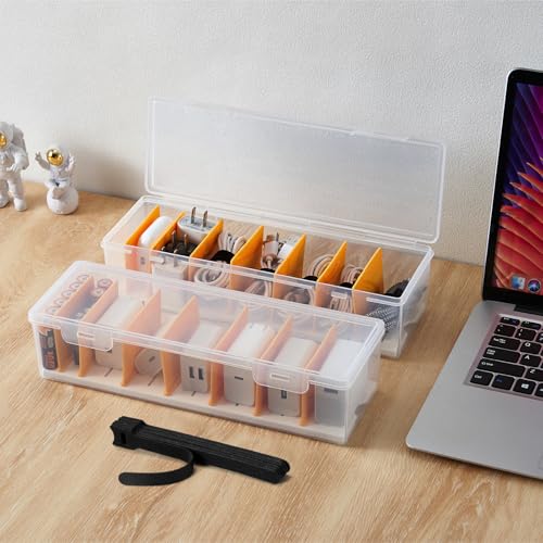 2 Pack Cable Organizer Storage Box with 16 Cable Ties, Clear Phone Charger Organizer Case Wire Organizers for Cords Electronic Storage Box for Drawer Desk Office Home