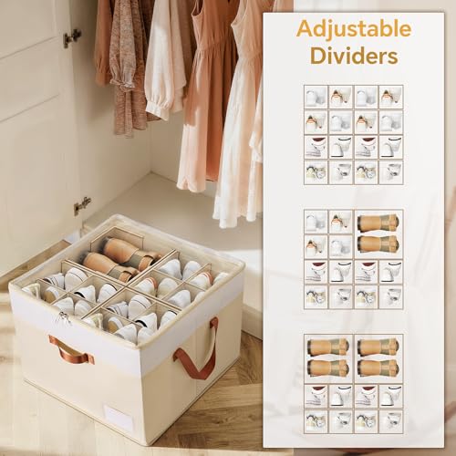 Shoe Organizer for Closet, 2 Pack Foldable Shoe Storage Organizer Box Bin with Adjustable Dividers and Clear Cover, Closet Shoe Storage for Sneakers Sandals Boots, Fit 16-32 Pairs, Beige