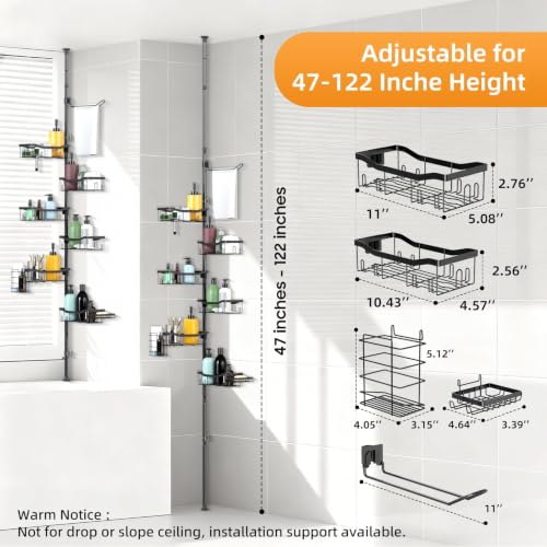 Shower Caddy Corner, 6 Tier Tension Pole Rod Bathroom Organizer Shelves, Adjustable Bathtub Shampoo Stand Rack with Towel Rack 2 Holders for Inside Shower Storage, 47-122 Inch, Black