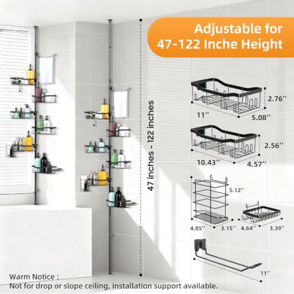 Shower Caddy Corner, 6 Tier Tension Pole Rod Bathroom Organizer Shelves, Adjustable Bathtub Shampoo Stand Rack with Towel Rack 2 Holders for Inside Shower Storage, 47-122 Inch, Black
