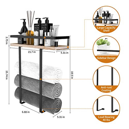 Xstydes Towel Racks for Bathroom Wall Mounted, Metal Towel Holder with Wooden Shelf for Folding Large Towels, Towel Storage for Small Bathroom Organizer Decor or RV Camping