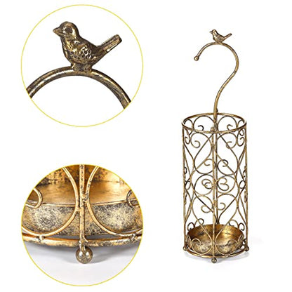 Umbrella Rack Stand,Umbrella Rack for Entryway,Canes Walking Sticks,Cast Iron Bird Handle and Drip Tray (Antique Gold) | Place cat wands or pet toys,Cast Iron Bird Handle And Drip Tray (Antique Gold)
