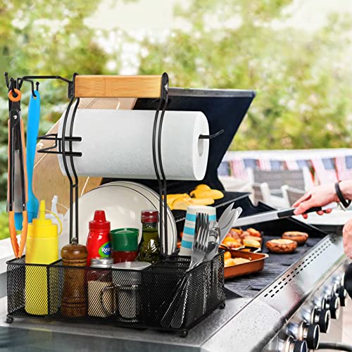 Grill Caddy, BBQ Caddy with Paper Towel Holder for Outdoor Grilling | 7 Compartments, 3 Hooks, Steel Mesh Design, Easy Assembly, Grill Tools Storage, Tailgating & Picnic, Condiment Organizer