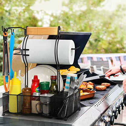 Grill Caddy, BBQ Caddy with Paper Towel Holder for Outdoor Grilling | 7 Compartments, 3 Hooks, Steel Mesh Design, Easy Assembly, Grill Tools Storage, Tailgating & Picnic, Condiment Organizer