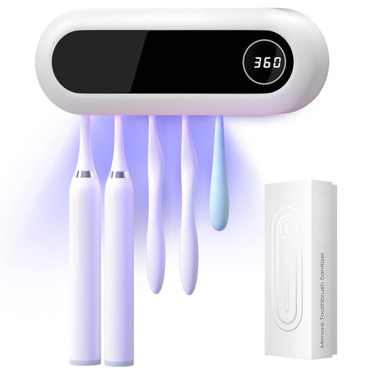 MIMORE Toothbrush Holder Wall Mounted, 5 Slots with 6-Minute Timer | Toothbrush Cleaner, Holds 5 Toothbrushes, for Family Bathroom, Fits Most Sizes, Easy Wall Mount with Adhesive Strips & Screws