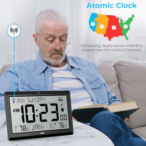 Atomic Wall Clock with Indoor Outdoor Temp, Digital Clocks (Black) | 10.5 inch Clocks Battery Operated DST Atomic Clock Wall for Living Room Bedroom Temperature Humidity Weather Station Clock