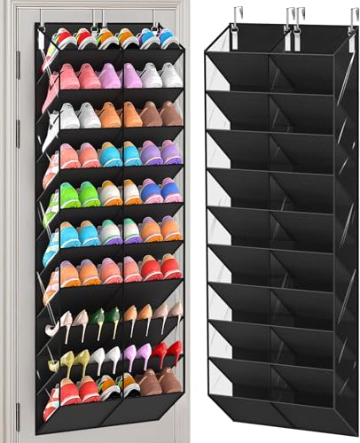 20-30 Pairs Over the Door Shoe Organizer, Clear Pockets Hanging Shoe Storage for Closet, 10-Tier Door Shoes Rack, Handing Shoes Holder Fit All the Family's Sneakers, Boots, Heels, Black