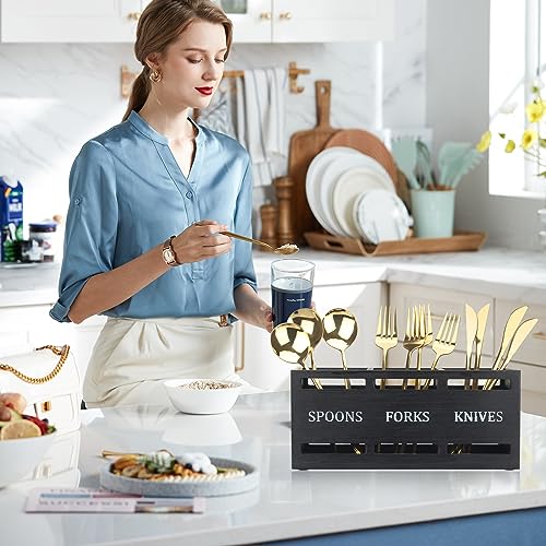 Wooden Silverware Caddy for Party Cutlery Utensil Holder Organizer Counter | Small Black Silverware Holder Table Wood Flatware Utensil Caddy Kitchen Countertop Decor Spoon and Fork Holder Cutlery Basket