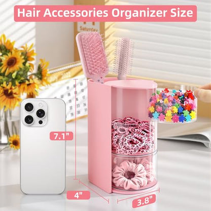 neotidy Hair Accessories Organizer with Hair Brush Holder, Rotating Hair Tie Product Organizer for Girls, 3-Tier Makeup Brush Holder for Clips, Bows & Brushes (Pink, 3-Tier)