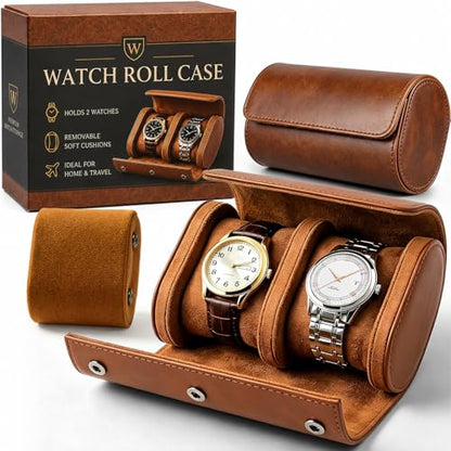 Watch Travel Case for Men: Watch Roll Box 2-Slot with Removable Pillows | Soft Lining, Snap Closure, Portable Storage Compact Organizer for Travel & Display - Gift for Men (Brown)