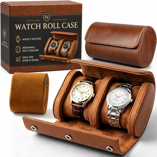 Watch Travel Case for Men: Watch Roll Box 2-Slot with Removable Pillows | Soft Lining, Snap Closure, Portable Storage Compact Organizer for Travel & Display - Gift for Men (Brown)