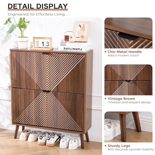 Shoe Cabinet Storage, Farmhouse Freestanding Organizer with 2 Flip Drawers and 4 Wooden feet, Narrow Shoe Rack Cabinet for Entryway, Foyer, Hallway, Walnut
