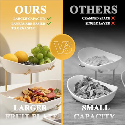Large Size 2 Tier Ceramic Fruit Bowl,（13.4 and 11... (Gold and White | Ceramic)