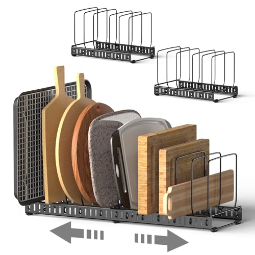 HzTinT Cutting Board and Baking Tray Cookie Sheet Organizer for Cabinet | Expandable 6.9"-13.6" Pan Organizer with 12 Adjustable Dividers, Cutting Board Holder for Cabinet or Countertop Storage