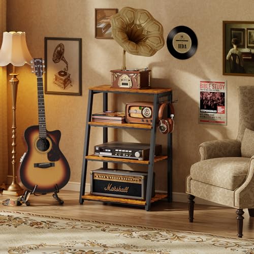 4-Tier AV Media Stand with 2 Hooks,Heavy Duty Stereo Cabinet Furniture-Large Stereo Rack and Game Console Stand,Wooden Record Player Stand,Audio Stand Perfect for DVD Players/Game Console/TV Box/Xbox
