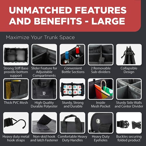 Car Trunk Organizer for SUV & Truck Cargo Storage, Large, Black | Fits Cars, SUVs & Trucks 4 Adjustable Compartments Non-Slip Base & Straps Foldable 11 Pockets Car Accessories