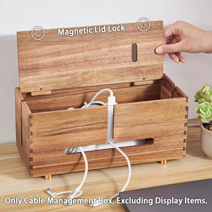 SARUFO Acacia Wood Cable Management Box - Wooden Cord Hider with 4 Metal Feet, Organizer for Desk & Floor, Power Strip TV Wire Concealer, Under Desk Storage for Office, Home Electrical Cables